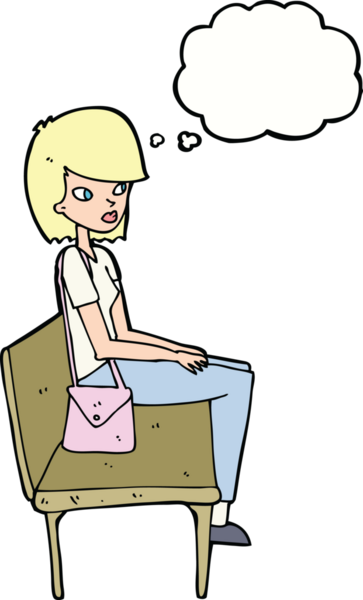 Bir insan tarafından çizilmiş düşünce baloncuğuyla bankta oturan çizgi film kadını.
