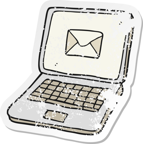 Bir insan tarafından çizilmiş mesaj sembollü çizgi film dizüstü bilgisayarının gerilimli retro yapıştırması