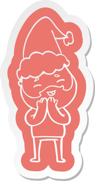 Bir insan tarafından çizilmiş Noel Baba şapkası giyen mutlu sakallı bir adamın garip karikatür çıkartması.