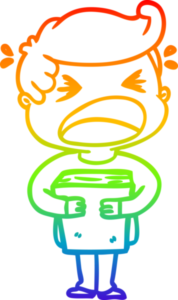 Gökkuşağı gradyan çizgi çizimi bir insan tarafından çizilmiş kitabı olan bağıran bir adamın çizgi filmi.