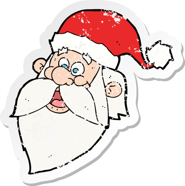 Bir insan tarafından çizilmiş neşeli Noel Baba suratlı karikatürün gerilimli retro yapıştırması.