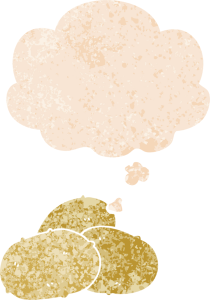 Düşünce baloncuğu ve grunge ile çizgi film patatesleri bir insan tarafından çizilmiş dertli retro tarzı