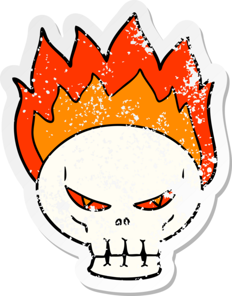 Bir insan tarafından çizilmiş alevli bir kafatası karikatürü.