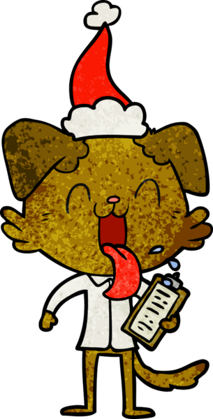 Bir insan tarafından çizilmiş Noel Baba şapkası giymiş, nefes nefese bir köpeğin el çizimi karikatürü.