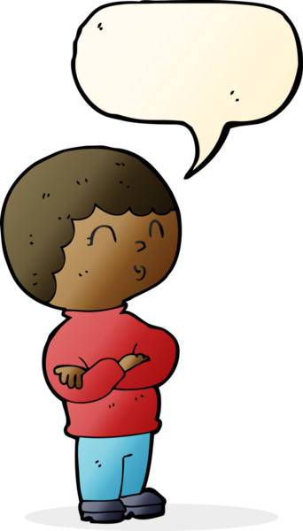 Bir insan tarafından çizilmiş, kolları katlanmış, konuşma balonu olan çizgi film çocuğu.