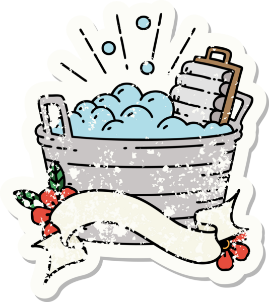 Dövme stili eski bir çıkartma eski bir çamaşır tahtası ve bir insan tarafından çizilmiş fırçalama kabı.