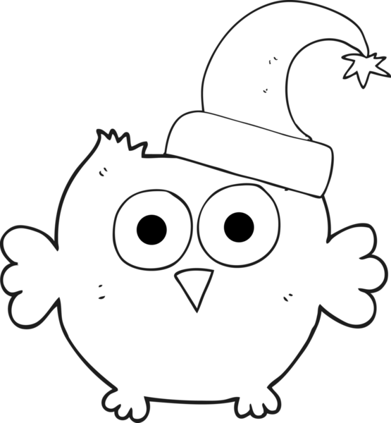 Bir insan tarafından çizilmiş noel şapkası takan küçük baykuş.