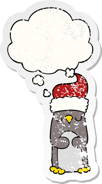 Düşünce baloncuğu olan karikatür pengueni insan tarafından çizilmiş yıpranmış bir çıkartma.