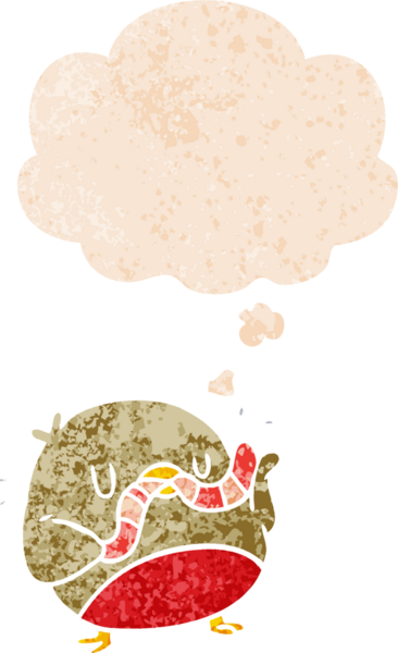cartoon robin with worm with thought bubble in grunge distressed retro textured style drawn by a human