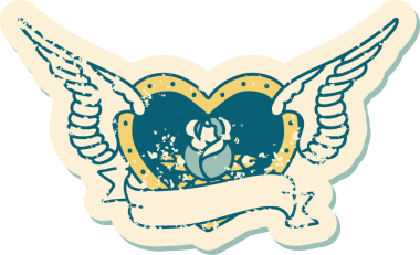 Bir insan tarafından çizilmiş çiçek ve pankartıyla uçan bir kalbin sembolik dövmeli resmi.