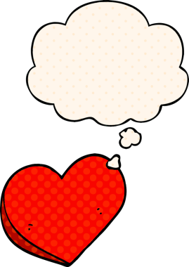 Çizgi roman tarzında bir insan tarafından çizilmiş düşünce baloncuklu karikatür kalbi.