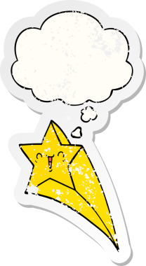 Düşünce baloncuğu olan çizgi film yıldızı bir insan tarafından çizilmiş yıpranmış bir çıkartma.