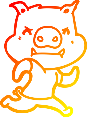 warm gradient line drawing of a angry cartoon pig running drawn by a human