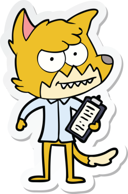 sticker of a cartoon grinning fox with clipboard drawn by a human