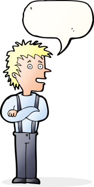 Bir insan tarafından çizilmiş, kolları katlanmış, konuşma balonu olan çizgi film çocuğu.