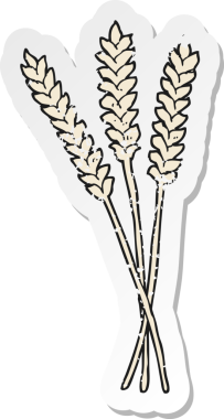 retro distressed sticker of a cartoon wheat drawn by a human