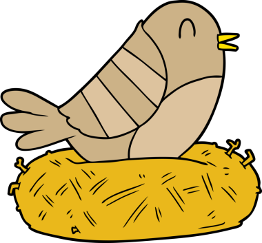 Bir insan tarafından çizilmiş yuvada oturan çizgi film kuşu.