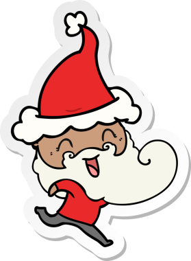 Bir insan tarafından çizilmiş Noel Baba şapkası giyen mutlu sakallı adam.