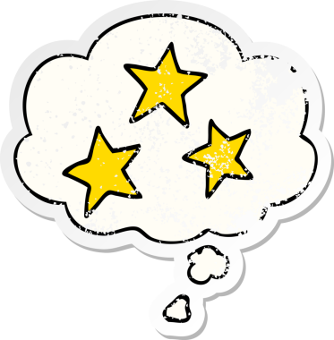 Düşünce baloncuğu olan çizgi film yıldızları insan tarafından çizilmiş yıpranmış bir çıkartma gibidir.