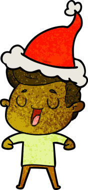 Bir insan tarafından çizilmiş Noel Baba şapkası giyen bir adamın çizilmiş mutlu el çizimi karikatürü.