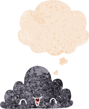 Düşünce baloncuğu ve grunge ile sevimli çizgi film bulutu bir insan tarafından çizilmiş sıkıntılı retro dokuma tarzı