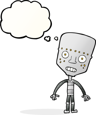 Bir insan tarafından çizilmiş düşünce baloncuklu çizgi film robotu