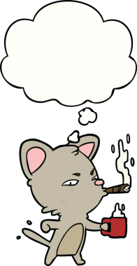 cartoon cat with coffee and cigar with thought bubble drawn by a human