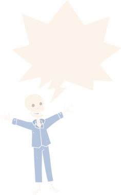 cartoon skeleton wearing pajamas with speech bubble in retro style drawn by a human