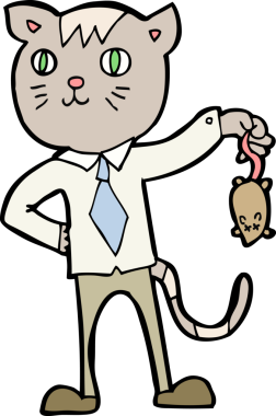 Bir insan tarafından çizilmiş ölü fareli çizgi film kedisi.