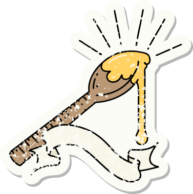 Bir insan tarafından çizilmiş bir kaşık dolusu bala ait eski bir dövme çıkartması.