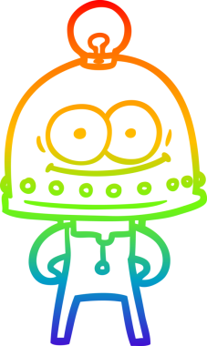 Gökkuşağı gradyan çizgisi mutlu bir karton robot çizimi ve bir insan tarafından çizilmiş ampul.