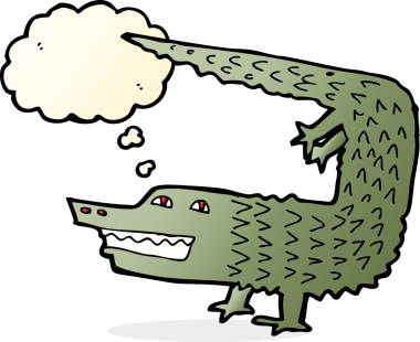 Bir insan tarafından çizilmiş düşünce baloncuklu timsah çizgi filmi.