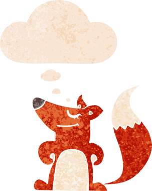 Düşünce baloncuğu ile çizgi film tilkisi grunge sıkıntılı retro dokuma bir insan tarafından çizilmiş