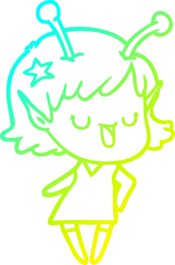 Bir insan tarafından çizilmiş mutlu uzaylı kız çizgi filminin soğuk gradyan çizimi.