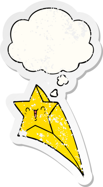 Düşünce baloncuğu olan çizgi film yıldızı bir insan tarafından çizilmiş yıpranmış bir çıkartma.