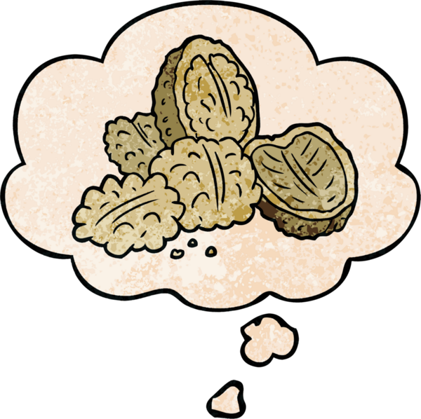 Bir insan tarafından çizilmiş grunge desenli düşünce baloncuklu çizgi film cevizleri.