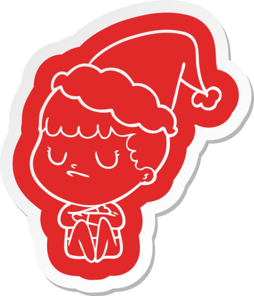 Bir insan tarafından çizilmiş Noel Baba şapkası giyen huysuz bir çocuğun garip çizgi film etiketi.