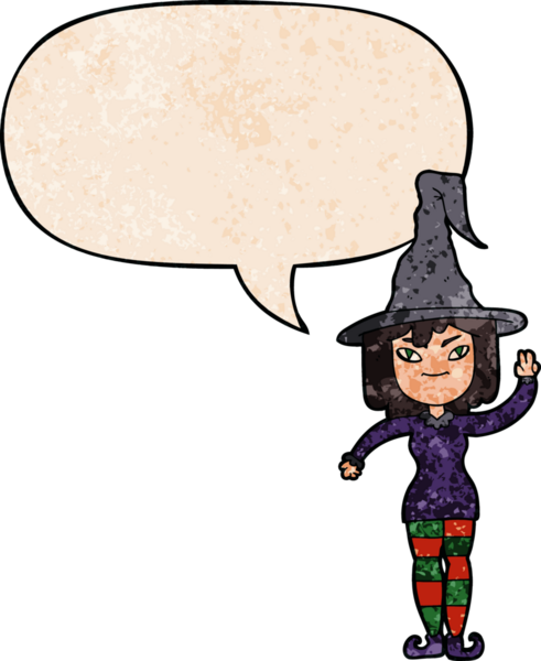 cartoon witch with speech bubble in retro texture style drawn by a human