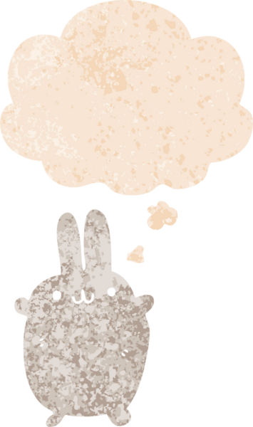 Düşünce baloncuklu çizgi film tavşanı grunge dertli eski moda bir insan tarafından çizilmiş.