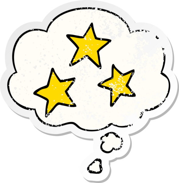 Düşünce baloncuğu olan çizgi film yıldızları insan tarafından çizilmiş yıpranmış bir çıkartma gibidir.