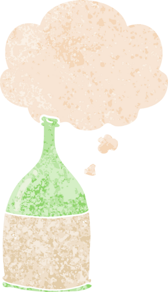 cartoon bottle with thought bubble in grunge distressed retro textured style drawn by a human