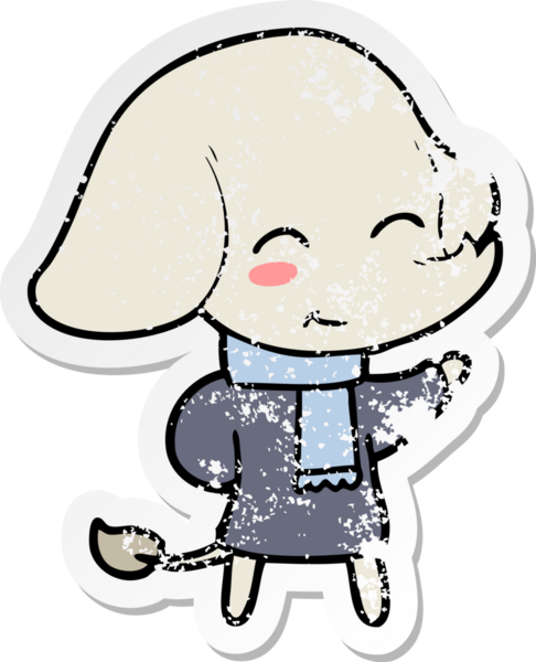 distressed sticker of a cute cartoon elephant in winter clothes drawn by a human