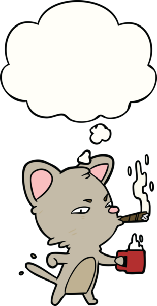 cartoon cat with coffee and cigar with thought bubble drawn by a human