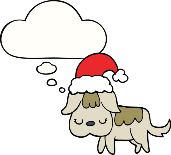 Bir insan tarafından çizilmiş düşünce baloncuğu olan şirin bir Noel köpeği.