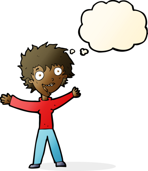 Bir insan tarafından çizilmiş düşünce baloncuğu olan heyecanlı bir kadın.