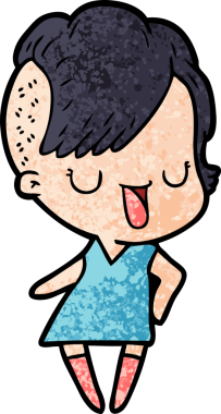 Bir insan tarafından çizilmiş hippi saç kesimli sevimli bir çizgi film kızı.