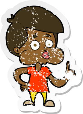 Bir insan tarafından çizilen baş parmağını kaldıran bir çizgi film karakterinin gerilimli retro yapıştırması.