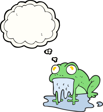 Düşünce baloncuğu karikatürü. Bir insan tarafından çizilmiş iğrenç küçük kurbağa.