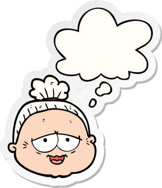 Düşünce baloncuğu insan tarafından çizilmiş bir çıkartma olan yaşlı kadın.