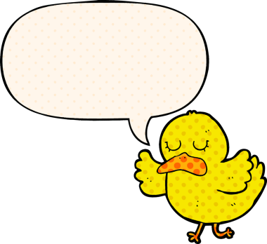 Bir insan tarafından çizilmiş çizgi roman tarzında konuşma baloncuğu olan çizgi film ördeği.